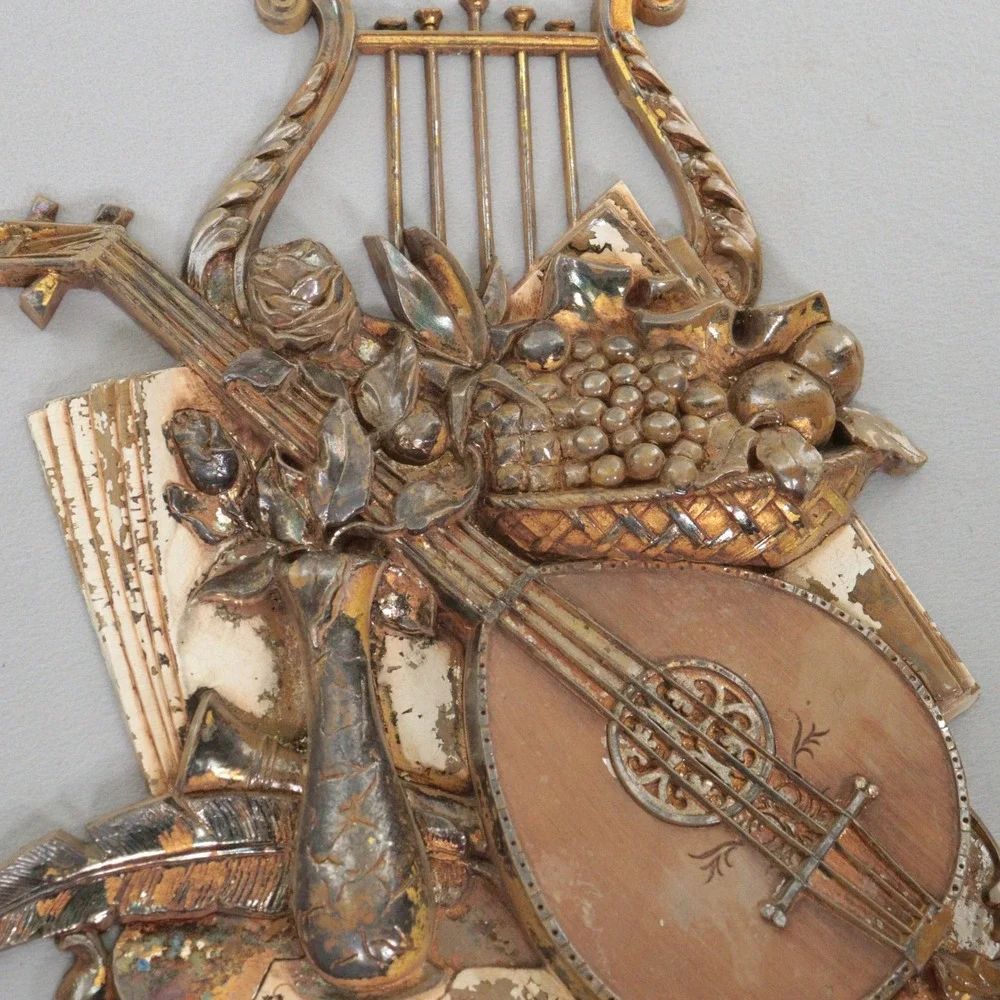 Vintage Syroco Decor Musical Wall Plaque 3D Relief Lute Lyre Sheet Music Gold